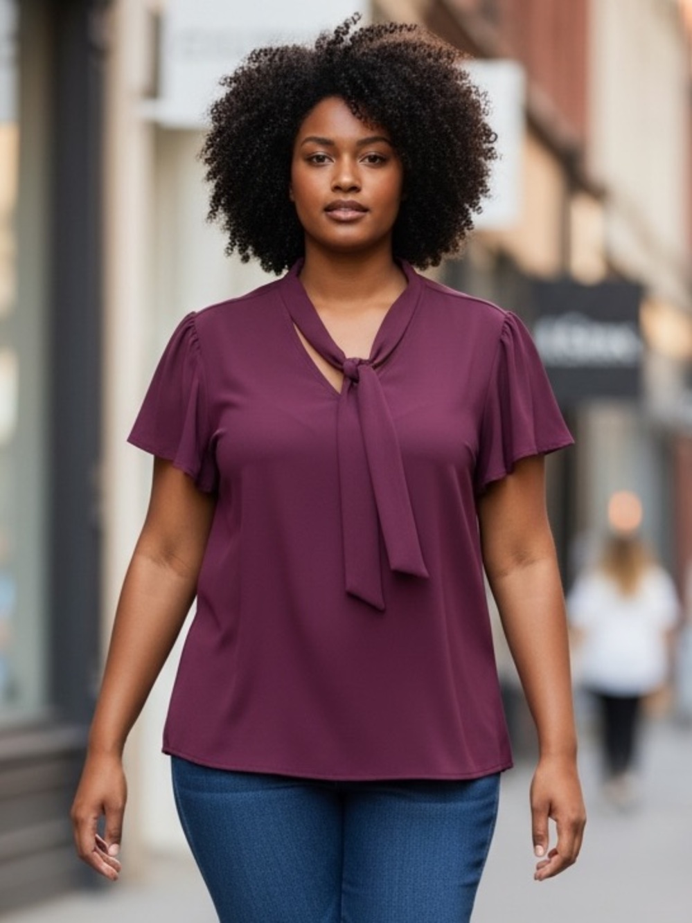 Love Tree Plum Tie-Neck Flutter Sleeve Blouse